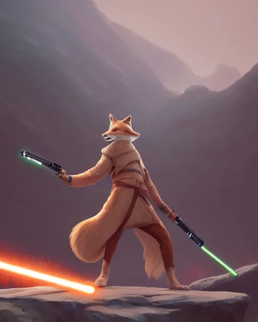 Prompt: one single anthropomorphic fox jedi holding one single lightsaber, posed on a rock. Digital illustration, very vibrant colors, soft lighting, adventurous, atmospheric lighting, 8K, octane render. By Makoto Shinkai, Stanley Artgerm Lau, WLOP, Rossdraws, James Jean, Andrei Riabovitchev, Marc Simonetti, krenz cushart, Sakimichan, D&D trending on ArtStation, digital art.