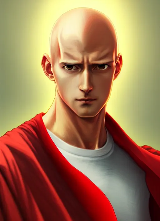 Image similar to handsome saitama, half body shot, path traced, red cape, highly detailed, high quality, digital painting, alena aenami, lilia alvarado, shinji aramaki, karol bak, alphonse mucha, tom bagshaw