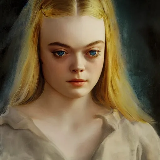 Image similar to ultra realistic medium shot portrait painting of elle fanning in the world of goya, art by frank frazetta, 4 k, ultra realistic, matte painting, hard edges, highly detailed, epic lighting