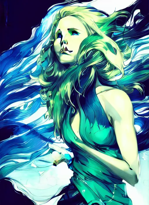 Image similar to style of yoji shinkawa, artgerm, joshua middleton, beautiful kristen bell with green dress, very long blue hair, water powers water swirling, symmetrical face, symmetrical eyes, detailed, beach setting, cinematic lighting