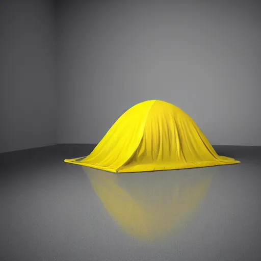 Image similar to photo studio with foggy background. yellow tent on floor. fisherman in balenciaga cloth, plastic bag and black mask. photorealistic high resolution, redshift render, 8 k