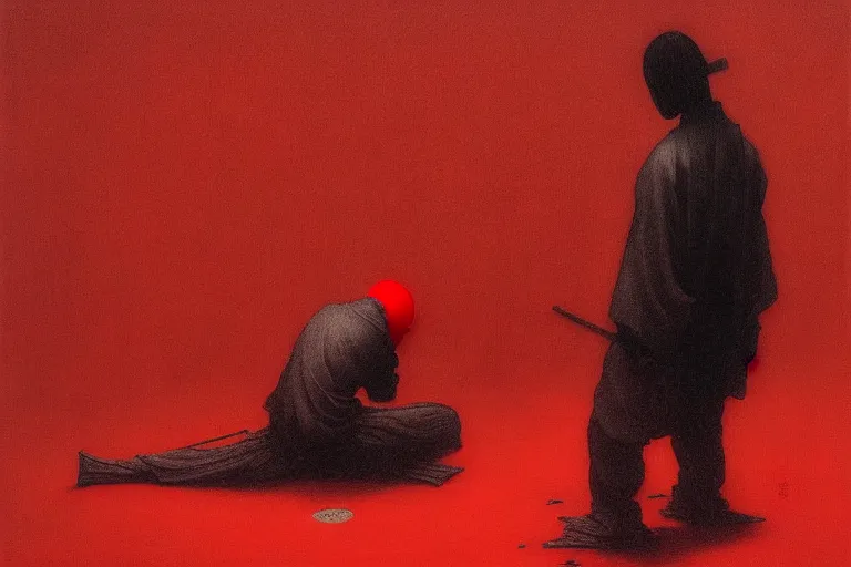 Image similar to only with red, a red samurai do seppuku, tokio, a lot of frogs watch, in the style of beksinski, parts by edward hopper, parts by rodcenko, parts by yue minjun, intricate and epic composition, red by caravaggio, insanely quality, highly detailed, masterpiece, red light, artstation, 4 k