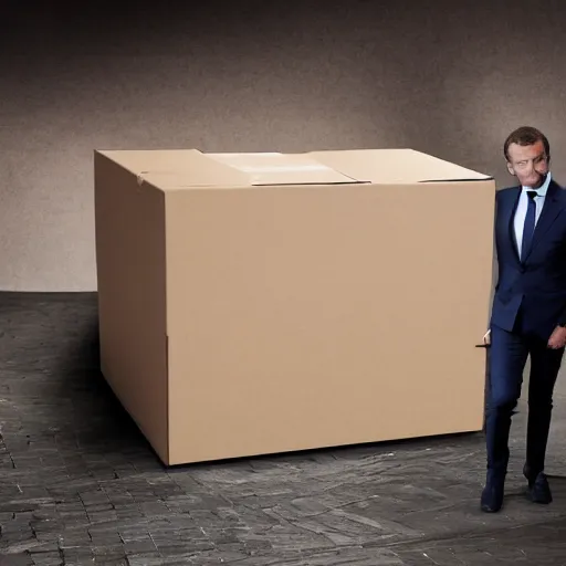 Prompt: photography, emmanuel macron carries a box, relocation, photorealistic, detailed, studio lighting, 4 k