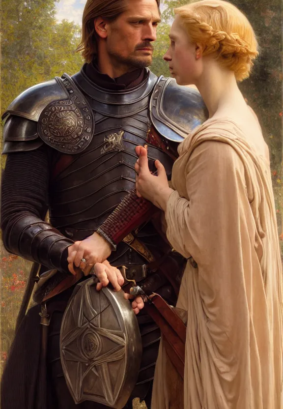 Image similar to attractive handsome fully clothed jaime lannister confesses his love for attractive fully armored brienne of tarth. centered composition. highly detailed painting by gaston bussiere and j. c. leyendecker and william adolphe bouguereau and fra angelico and octane render, musee d'orsay 8 k