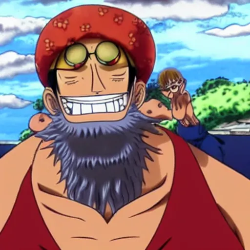 Image similar to A still of brownbeard from one piece with blonde hair wearing a tie dye t-shirt, in the style of Eiichiro Oda