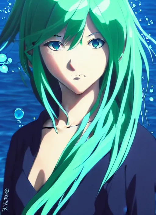 Image similar to makoto shinkai, artgerm, ilya kuvshinov, beautiful anime women with green dress, long blue hair, water powers water swirling, symmetrical face, symmetrical eyes, detailed, beach setting, cinematic lighting