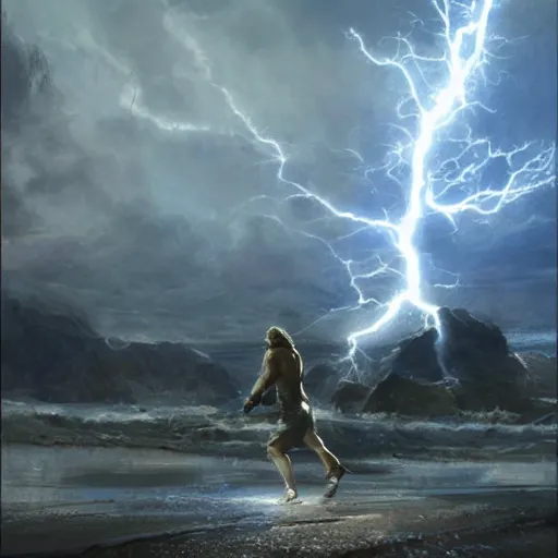 Image similar to a young man with short blonde hair struck by lightning from the gods. detailed matte painting. masterpiece. 4 k. fantasy art. by craig mullins. franzetta. repin