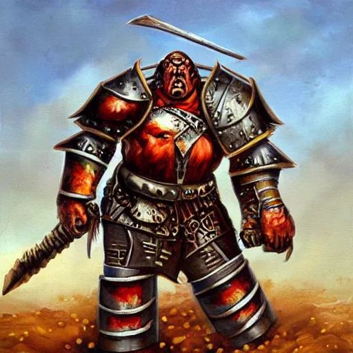 Image similar to ogre warrior wearing plated armor who is holding a battle axe in the style of warhammer fantasy : : head and torso oil painting