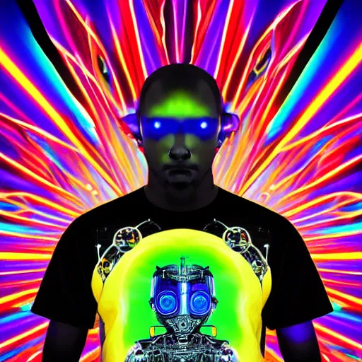 Prompt: black tshirt with a hyperdetailed portrait of a futuristic trippy fantasy punk robot, 8 k, symetrical, flourescent colors, halluzinogenic, multicolored,