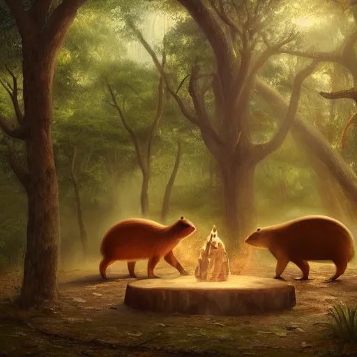 Prompt: capybaras performing a magic ritual in a mystical forest, oil painting, cinematic scene, trending on Artstation, award-winning, visually stunning, studio lighting