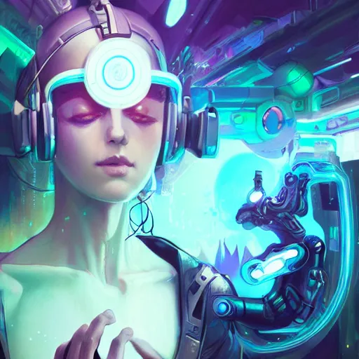 Prompt: portrait of a beautiful cybernetic raver girl wearing a vr headset, cyberpunk concept art by pete mohrbacher and artgerm and wlop and deathburger, digital art, highly detailed, intricate, fantasy, mystical, sharp focus, Trending on Artstation HQ, deviantart, unreal engine 5, 4K UHD image