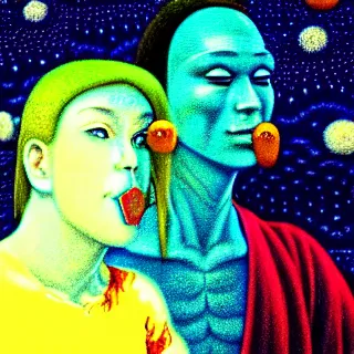 Image similar to close up portrait of a man and woman having fun with lsd and magic mushrooms by kawase hasui, moebius, Edward Hopper and James Gilleard, Zdzislaw Beksinski, Steven Outram, 8k, volumetric lighting, artstation