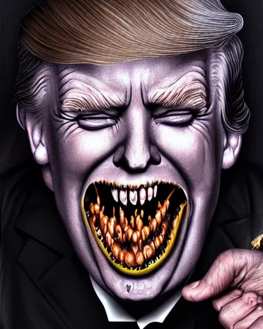 Image similar to donald trump dracula, fangs, character portrait, close up, concept art, intricate details, hyperrealism, in the style of otto dix and h. r giger