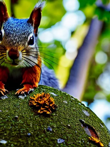 Image similar to the squirrel king, extremely plump, wearing crown of acorns and dandelions, servant squirrels, king arthur's court, low angle, palace, fantasy art, cinematic lighting, realistic, sony 2 4 mm f 4. 0