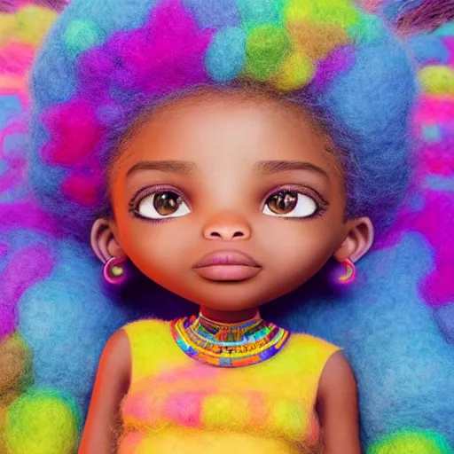 Prompt: a cute little african egyptian princess with a colorful afro, bright colors, synthwave, watercolor, volumetric wool felting, felt, macro photography, children illustration, global illumination, radiant light, detailed and intricate environment, by goro fujita