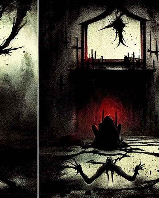Image similar to it is natural to die as to be born, salems revenge, amityville, rendered in pov - ray, style of greg rutkowski and junji ito and sam francis