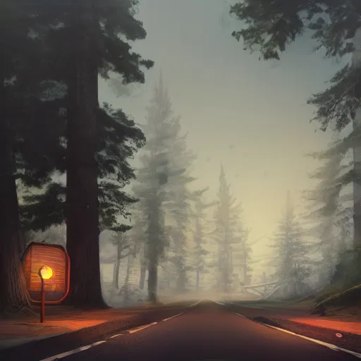 Prompt: a road surrounded by pine trees, wooden buildings with neon signs on sides of roads, digital painting by rembrandt, volumetric lighting, concept art, artstation, 8 k, moody lighting