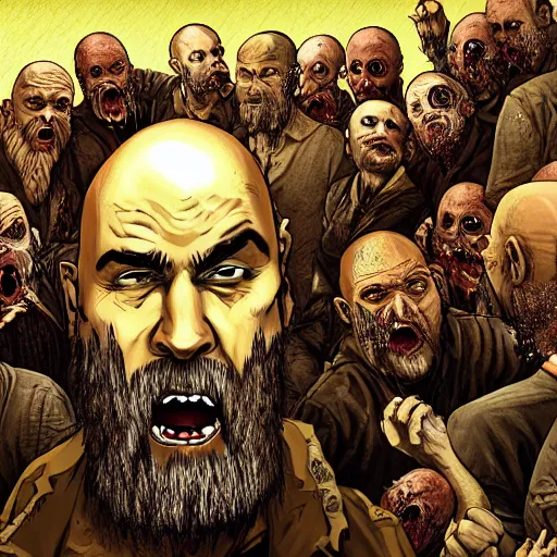 Prompt: bald man with a pointy beard being eaten by a horde of zombies