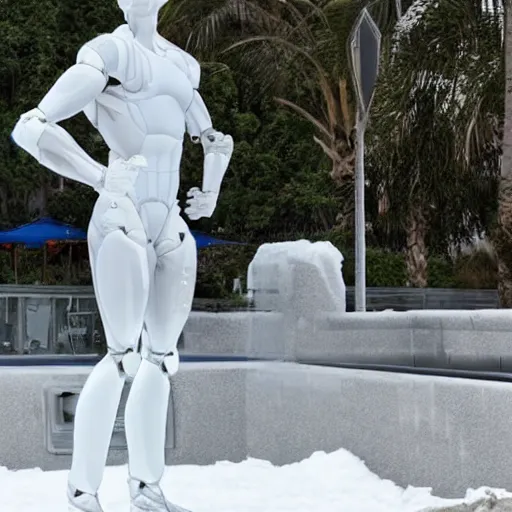 Image similar to made of ice, a realistic detailed photo of a guy who is an attractive humanoid who is half robot and half humanoid, who is a male android, on display, blank stare, showing off his muscles, shiny skin, posing like a statue, by the pool, frozen ice statue, f 1 driver max verstappen, humanoid robot