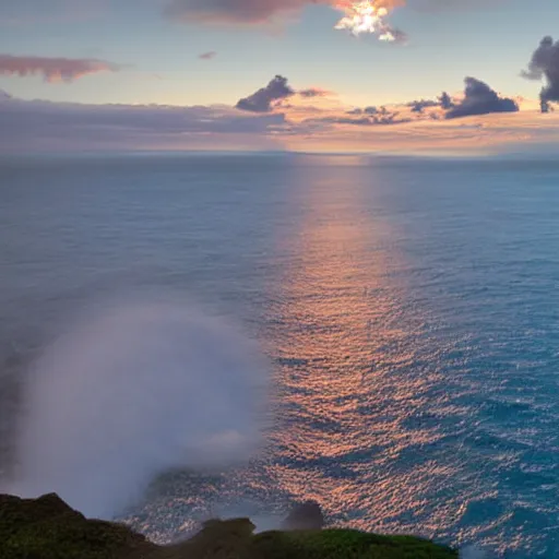 Image similar to micro - hurricane, blue hour, early night, deep blue atmosphere, very late evening, sundown, scattered islands, sea, ocean, low pressure system, cloud with eye, very windy, late evening, distant hotel retreat on cliffside, shining lights on cliff side, polaroid photograph