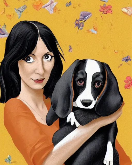 Image similar to happy birthday postcard in a style of Neil Gaiman book , black haired girl holding a beagle puppy, trending on artstation, 8k, highly detailed