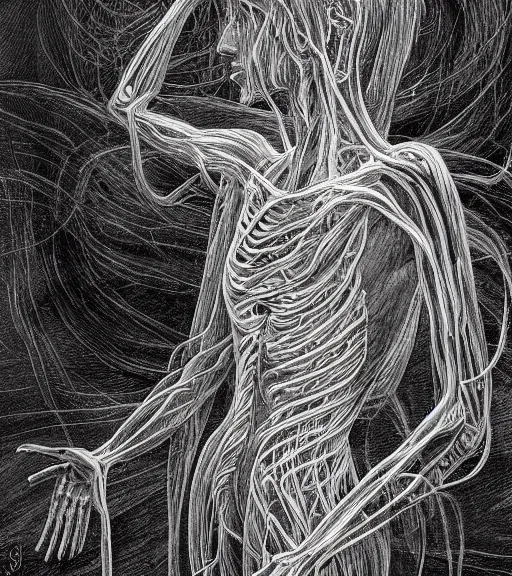 Image similar to the human nervous system. black and white drawing, in the style of greg rutkowski, fantasy, amazing detail, epic, intricate, elegant, smooth, sharp focus