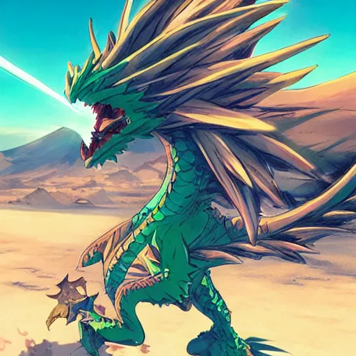 Prompt: dragon spits fire on a blue knight in a green hatchback car, close up, anime, desert landscape, greg rutkowski, Murata, one punch man manga,