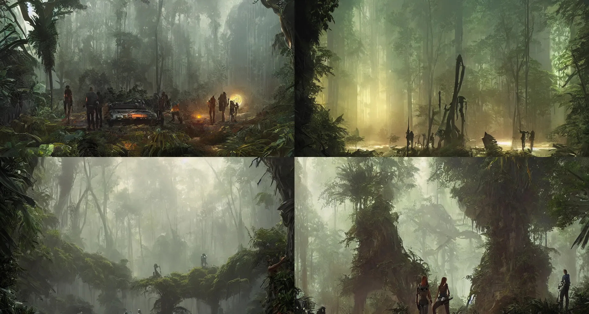 Prompt: sci - fi secret rebels base deep in tropical forest, detailed digital art by greg rutkowski and thomas kinkade, trending on artstation, outlined silhouettes