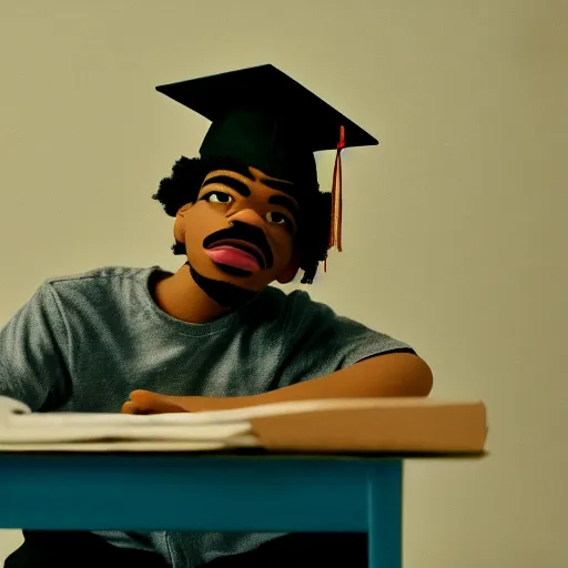 Image similar to a cinematic film still of a claymation stop motion film starring chance the rapper as a college student, shallow depth of field, 8 0 mm, f 1. 8