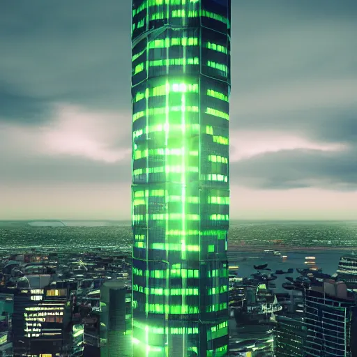 Prompt: auckland sky tower, green lighting, evil, artstation, octane render