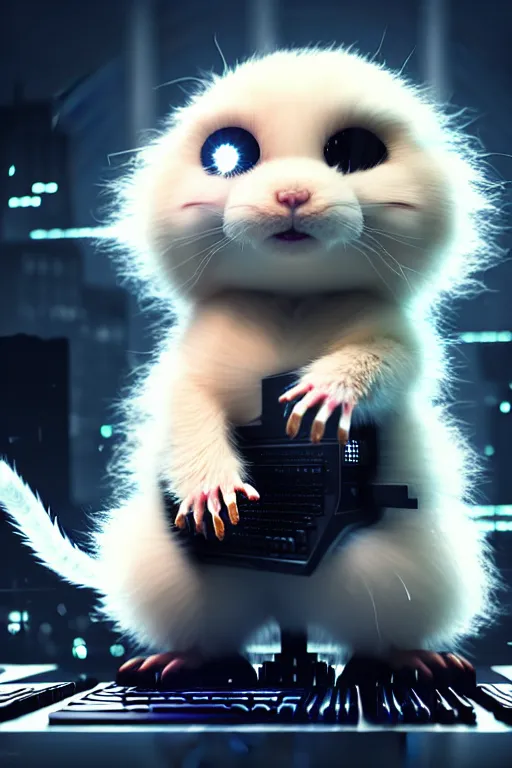 Prompt: high quality 3 d render very cute fluffy cyborg!! rat! plays keyboard, cyberpunk highly detailed, unreal engine cinematic smooth, in the style of blade runner & detective pikachu, hannah yata charlie immer, moody light, low angle, uhd 8 k, sharp focus