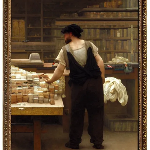 Image similar to an oil painting of an man working in warehouse he doing sorting package, view from back, by Bouguereau, highly detailed and intricate, 1500,