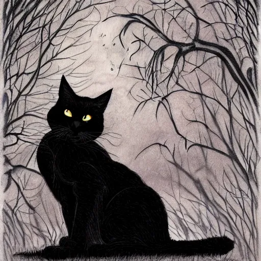 Image similar to black cat in graveyard at midnight halloween tattoo on shoulder by anton pieck, intricate, extremely detailed, digital painting, artstation concept art