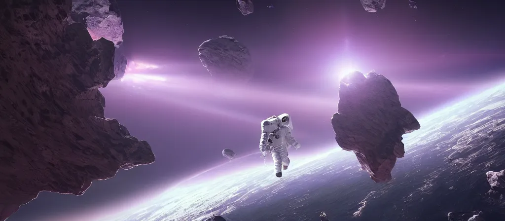 Image similar to one astronaut on purple crystal, beautiful dynamic lighting, cinematic, wide angle establishing shot, extremely high detail, photo realistic, cinematic lighting, post processed, concept art, artstation, matte painting, style by frederic church, raphael lacoste, unreal engine 8 k, roger deakins