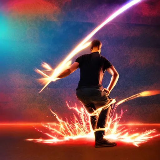 Image similar to man hitting the ground creating a explosion, anime, album cover, musical notes