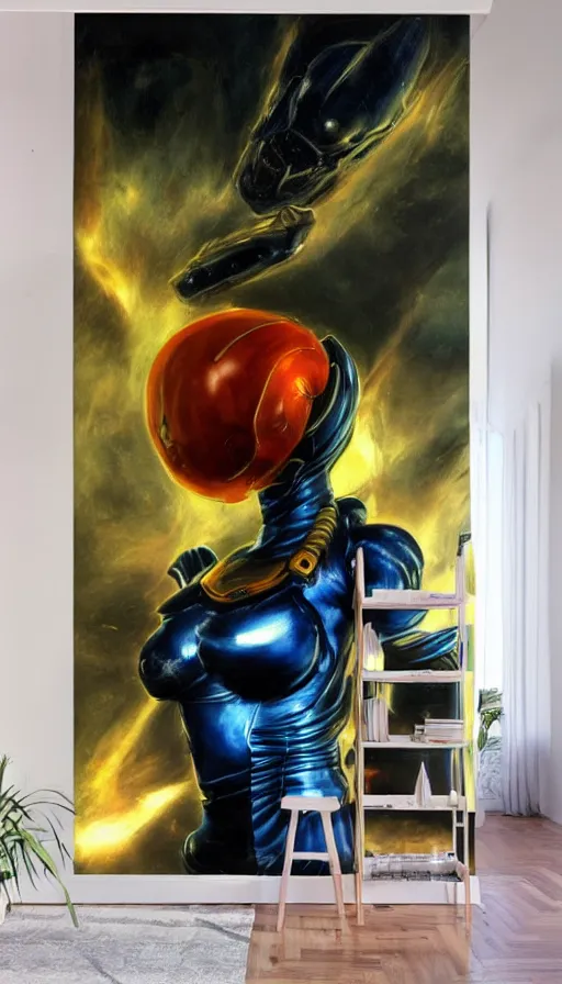 Prompt: frontal portrait of zero suit samus by francisco!! goya!!, wall mural, art by francisco goya and peter paul rubens, dark!!! colors, dramatic lighting, 4 k, high quality