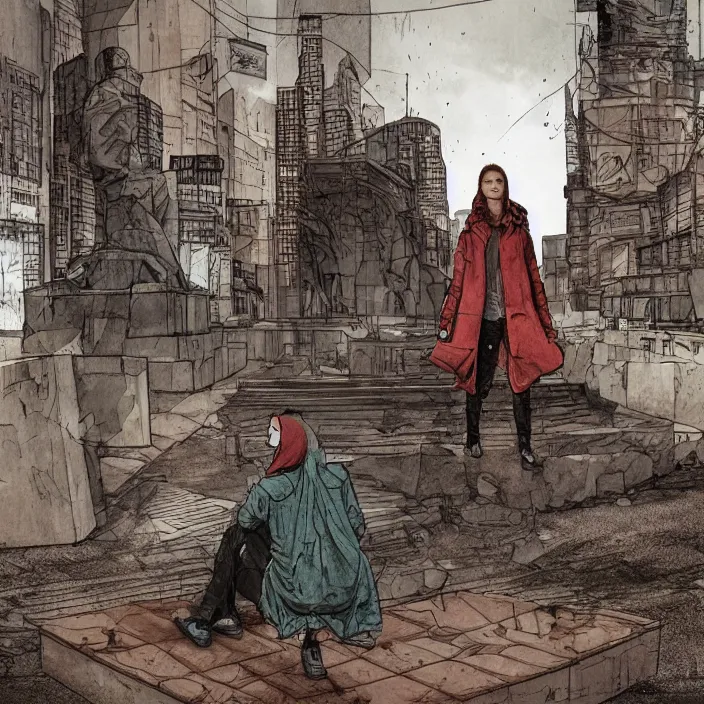 Image similar to storyboard : sadie sink in hoodie sits on bench in ruined square, pedestrians walk by, soviet monument and propaganda posters. scifi cyberpunk. by gabriel hardman. cinematic atmosphere, detailed and intricate, perfect anatomy