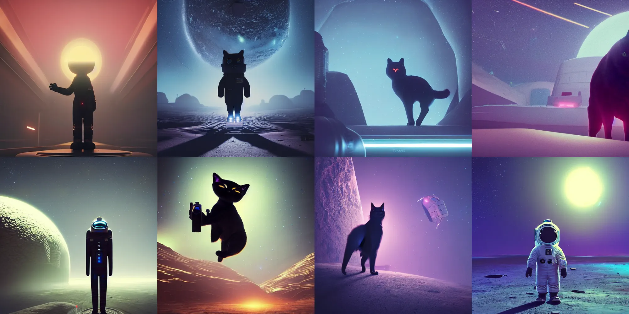 Prompt: beautiful dark landscape, a black cat dressed as an astronaut, in the style of beeple and Mike Winkelmann, intricate, epic lighting, cinematic composition, hyper realistic, 8k resolution, unreal engine 5,