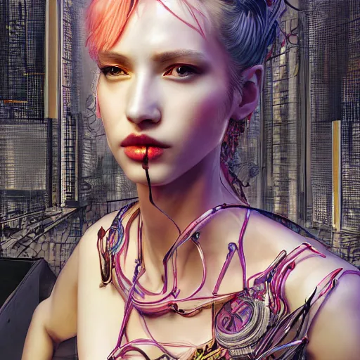 Prompt: the portrait of an absurdly beautiful, graceful, elegant, sophisticated, fashionable cyberpunk gravure idol, an ultrafine hyperdetailed illustration by kim jung gi, irakli nadar, david booth, intricate linework, bright colors, porcelain skin, unreal engine 5 highly rendered, global illumination, radiant light, detailed and intricate environment