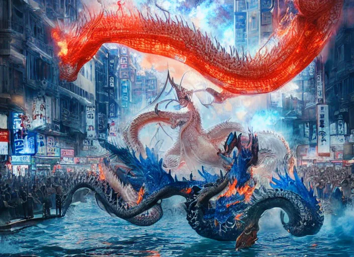 Prompt: luxurious white viking dragon destroying the dotonbori during sakura season with intense destructive royal blue fire, by greg rutkowski, james jean, peter mohrbacher, rule of thirds, sigma look, beautiful, intricate, majestic, award winning