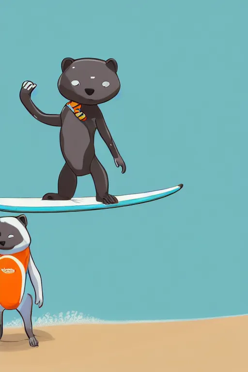 Image similar to a cute male gray turquoise white orange otter fursona wearing a black wetsuit and holding a surfboard on a beach, fantasy, paws on the sand, 8 k resolution, hyper detailed, character design, illustration, trending on artstation