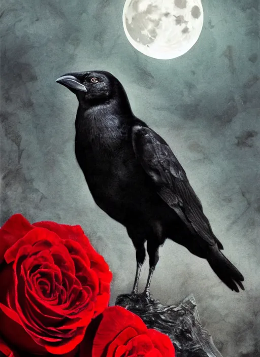 Image similar to portrait, A crow with red eyes in front of the full big moon, book cover, red roses, red white black colors, establishing shot, extremly high detail, foto realistic, cinematic lighting, pen and ink, intricate line drawings, by Yoshitaka Amano, Ruan Jia, Kentaro Miura, Artgerm, post processed, concept art, artstation, matte painting, style by eddie mendoza, raphael lacoste, alex ross