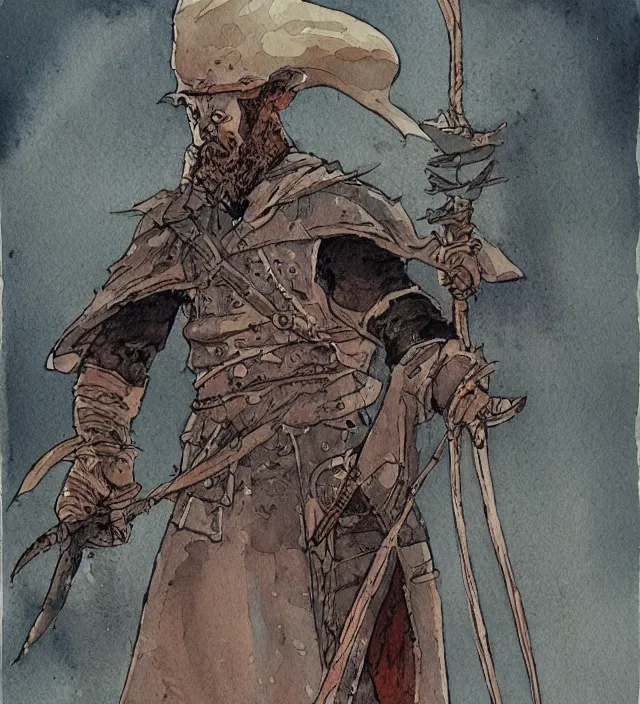 Image similar to a watercolor ink painting of a warmage holding an executioner's sword in the style of jean giraud in the style of moebius trending on artstation deviantart pinterest detailed realistic hd 8 k high resolution