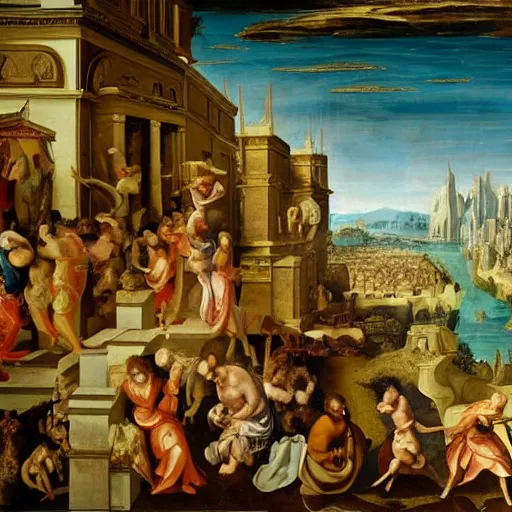 Prompt: a renaissance painting of an alien city ( made of gold )