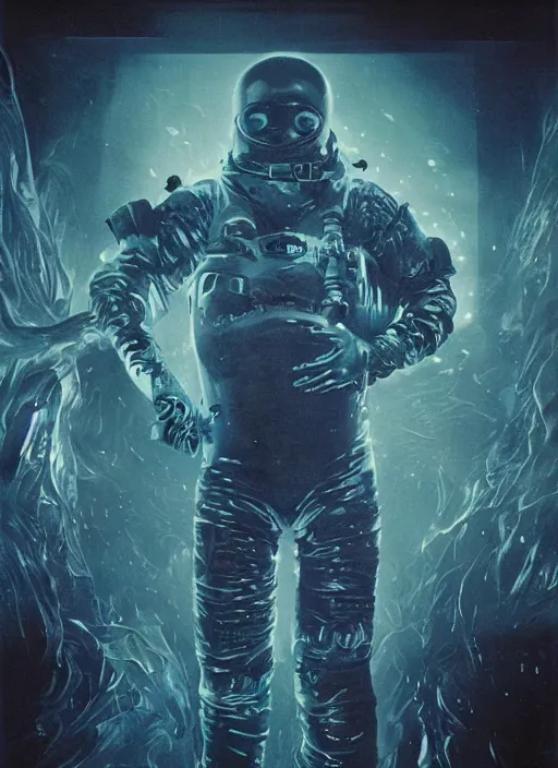 Image similar to astronauts in dark void underwater - complex and hyperdetailed technical suit. reflection and dispersion materials. rays and dispersion of light. volumetric light. f / 3 2. noise film photo. flash photography. ultra realistic, wide angle. poster by wayne barlowe, hajime sorayama aaron horkey, craig mullins