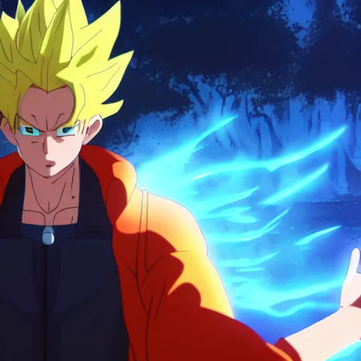 Prompt: an epic anime of a energy man super sayayin, black jacket, ghibli, unreal 5, octane render, rpg portrait, dynamic lighting, epic, epic anime, 2 d