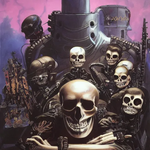Image similar to A mixed media portrait painting of a skull skeleton punk rockers band, sweat, aesthetic symmetrical face and eyes, photorealistic, model, wet, starship-troopers, pacific-rim-mech in background, eighties pinup style, by Frank Frazetta, Boris Vallejo, Beeple, Greg Rutkowski, Christian MacNevin, epic fantasy character art, high fantasy, CGsociety, exquisite detail, post-processing, masterpiece, cinematic