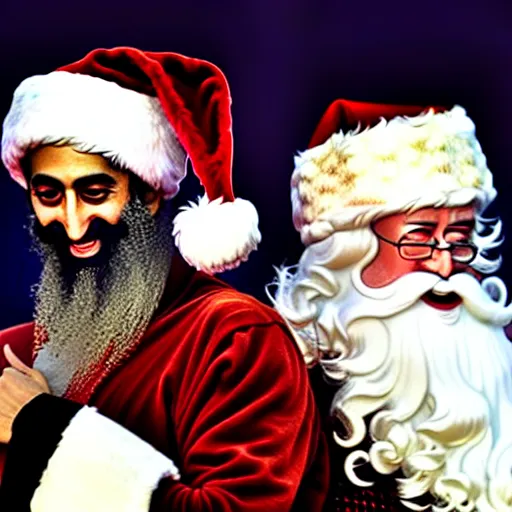 Prompt: uhd candid photo of santa and osama bin laden in a hot tub. photo by annie leibowitz