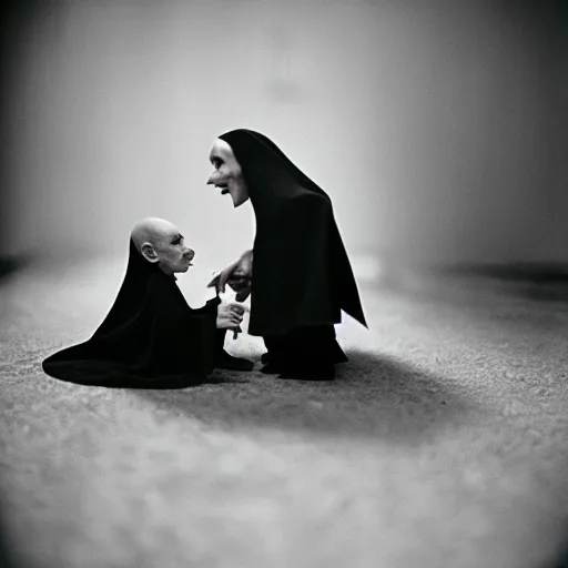 Image similar to portrait of nosferatu playing with his kid, realistic detailed photography, kodak 5 2 1 9 film, 5 0 mm lens