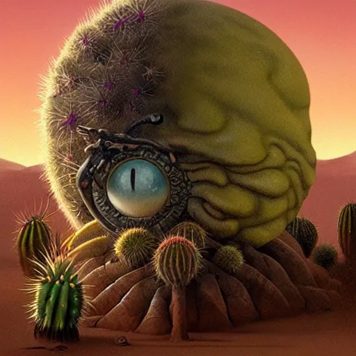 Image similar to ball creature covered with eyes, in the desert next to a cactus, d & d, fantasy, greg rutkowski, frank frazetta, alexandre chaudret, boris vallejo, michael whelan, miro petrov, hr giger, magali villeneuve, donato giancola